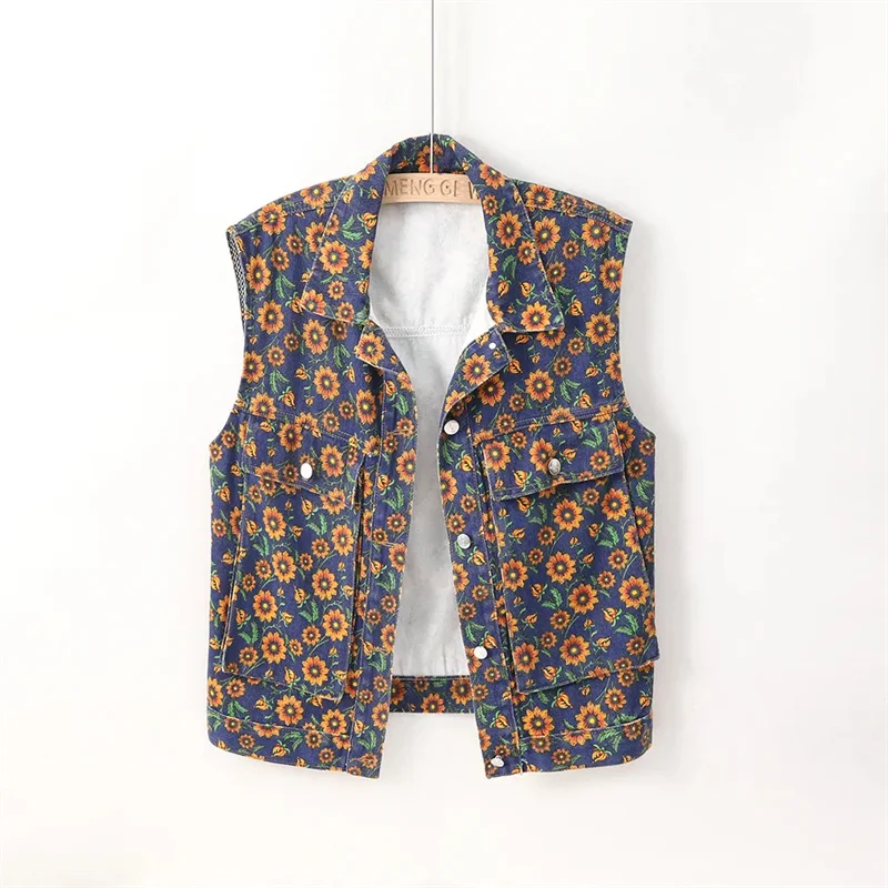 

Women's Denim Vest 2024 New Fashion Printed Vest Female Wearing Outerwear Tops Lady Cowboy Waistcoat Sleeveless Jacket