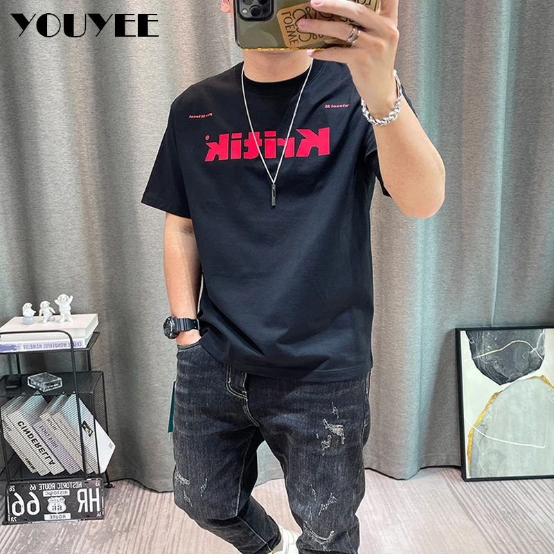 Short Sleeve T-shirt Men's 2023 Summer New Mercerized Cotton Letter Print Male Casual Top Youth Clothing Fashion Ins Trend Wear