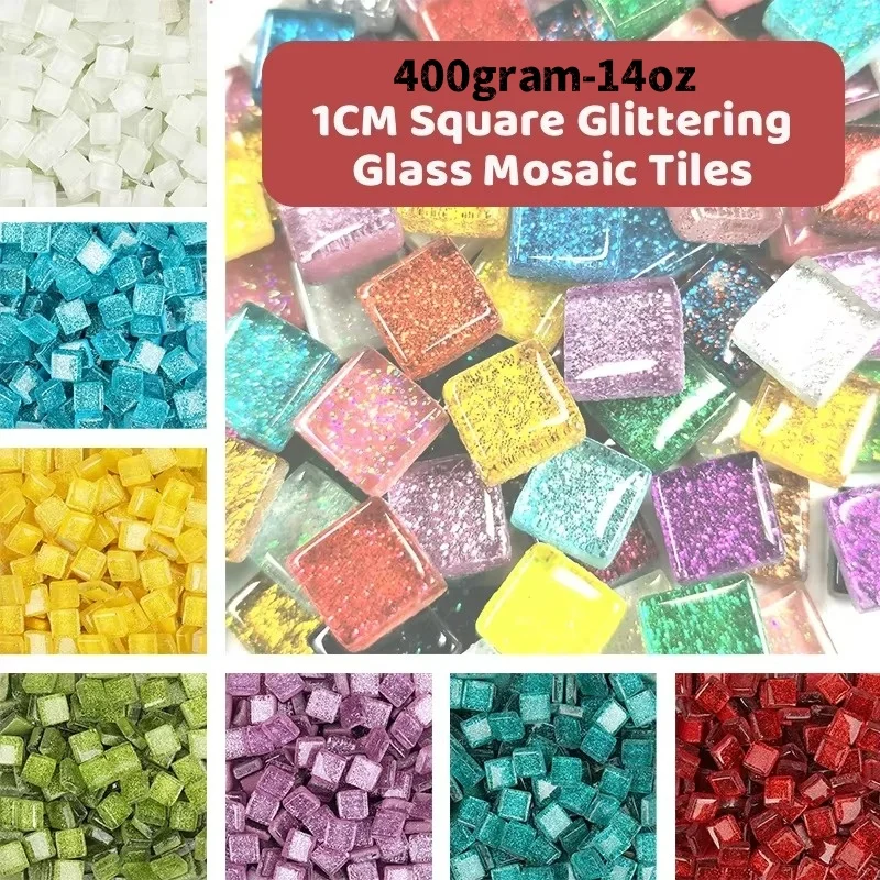 400g/14oz (sekitar 420 buah) Glitter Shiny kaca warna murni ubin mosaik 1cm persegi mosaik batu Multi warna bahan kerajinan DIY