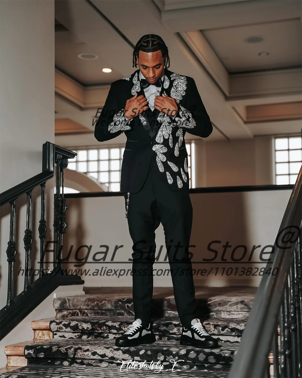 Shiny Rhinestone Male Prom Blazers Customized Luxuly Black Groom Wedding Tuxedos 2Pieces Sets Slim Fit Shawl Lapel Costume Homme