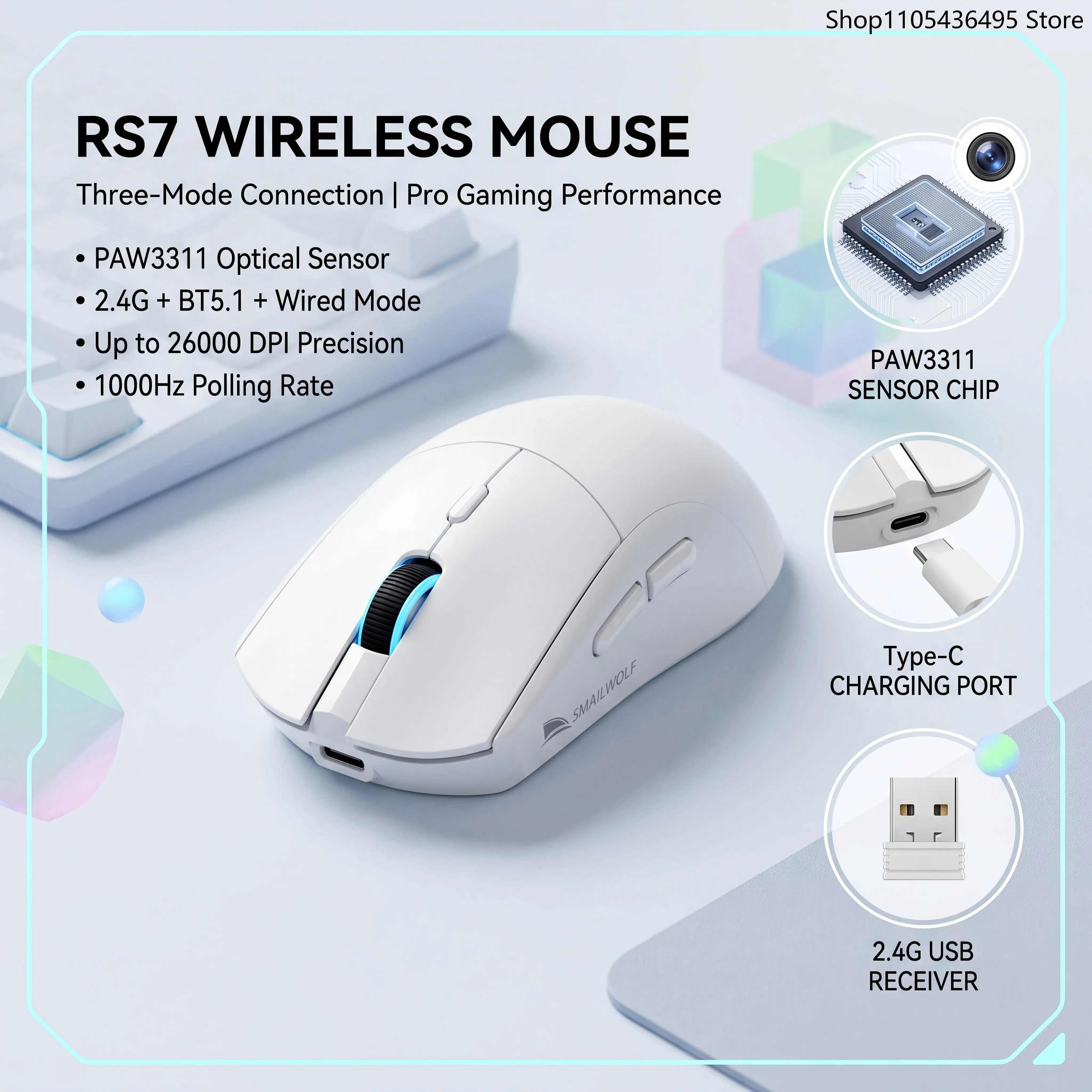 SMAILWOLF RS7 Rechargeable Wireless Gaming Mouse 500mAh Bluetooth 5.1 2.4G USB-C Tri-Mode USB Receiver for Laptop Desktop PC