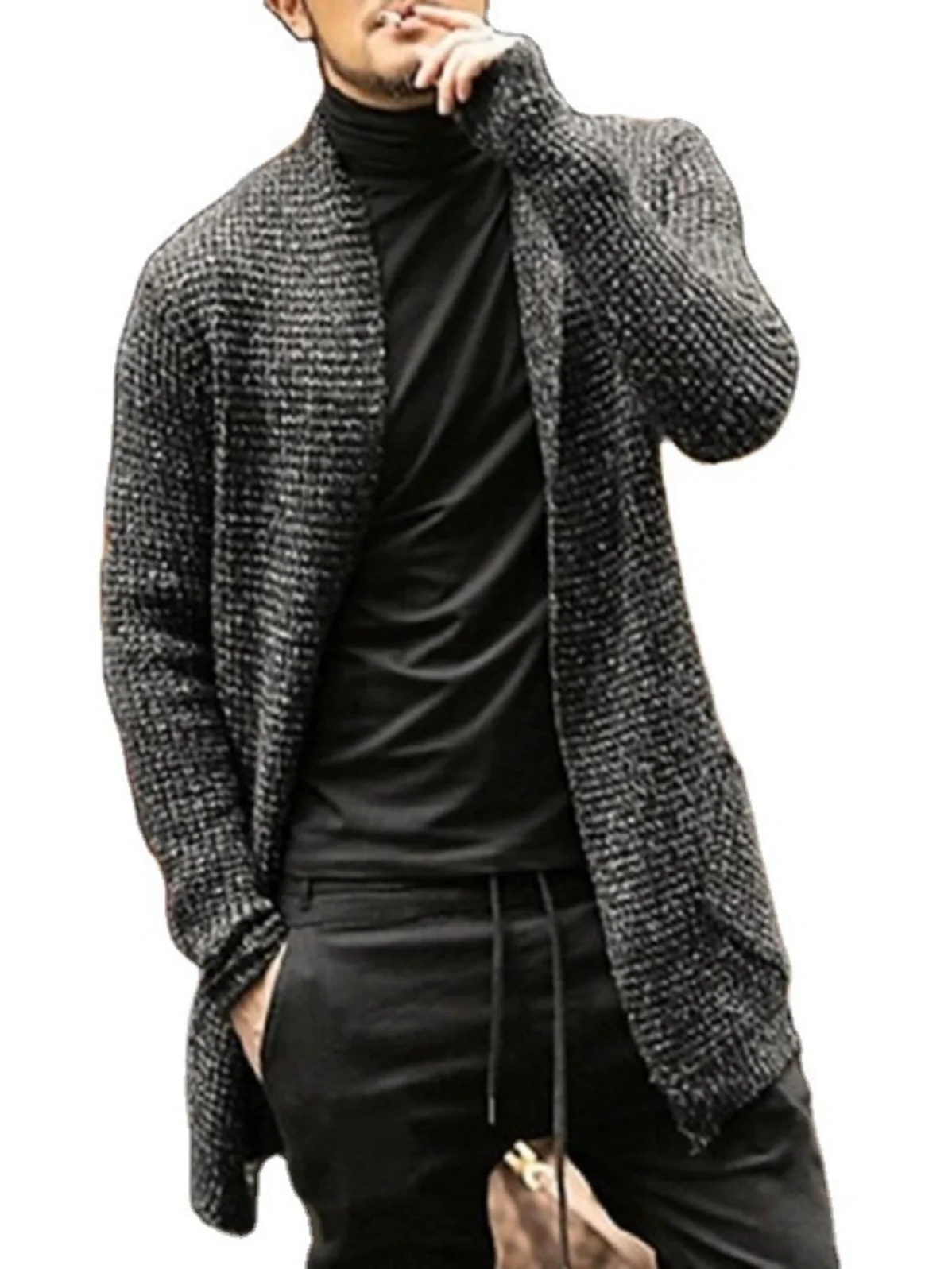 Men's Mid-Length Open Cardigan Sweater Coat Personali Design Mixed Color Knitted ket Windbreaker Outerwear Casual Winter