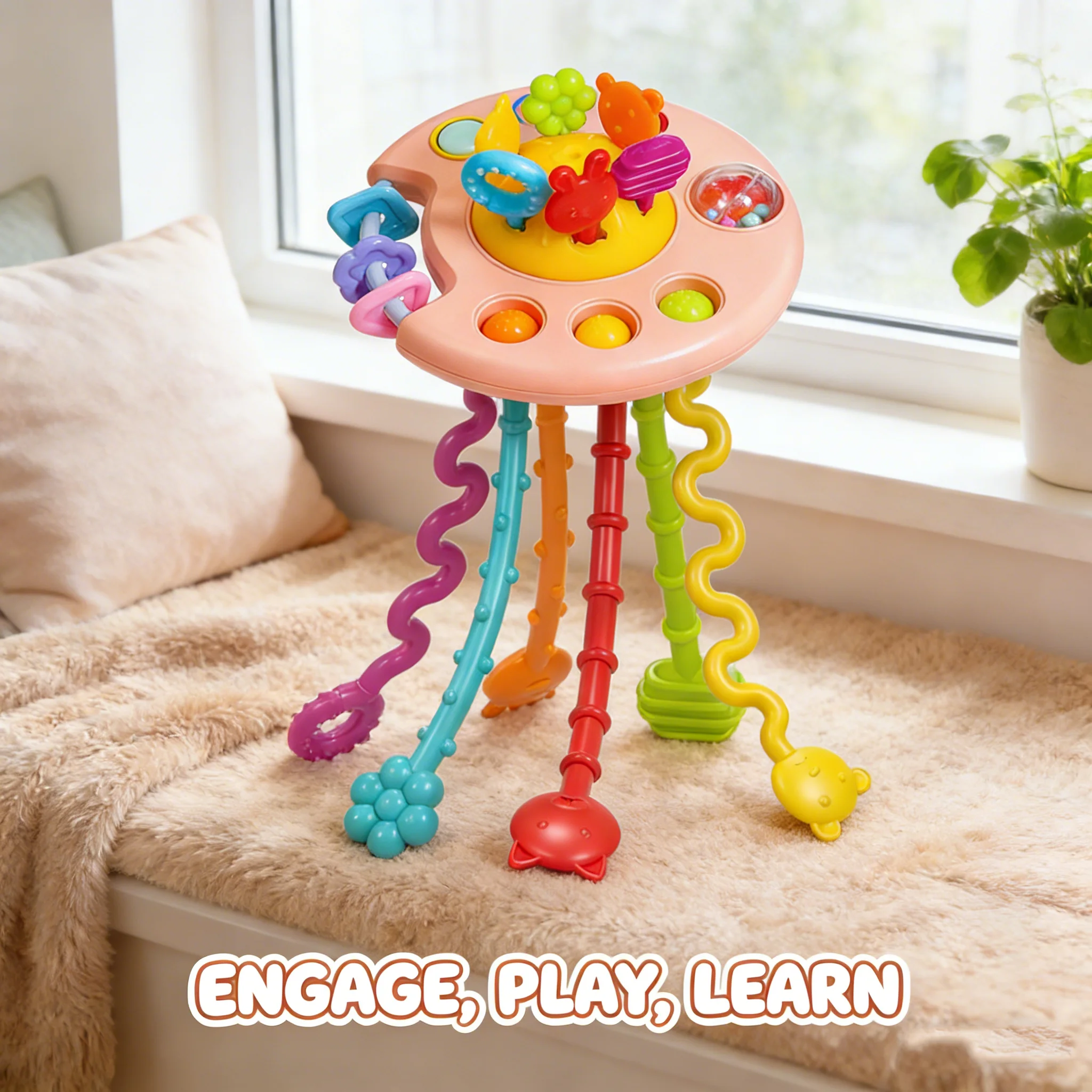 Baby cognitive development and early education toy with bendable stand, sensory exploration game.