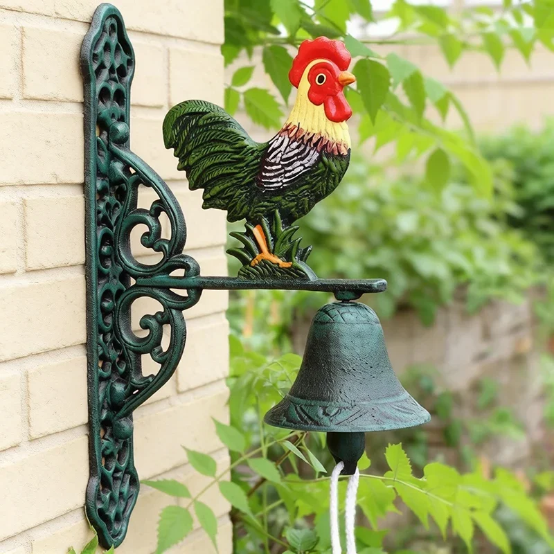 Cast Iron Rooster Wall Mounted Bell Hand Colored Double-sided Hanging Decorative Bell Manually Shaking For Outdoor Patio Gate