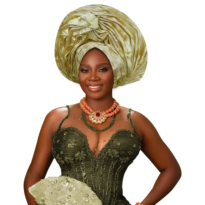

Elegant African Autogele Women's Turban Cap Nigeria Wedding Gele Ready To Wear African Headtie Evening Party Headwear