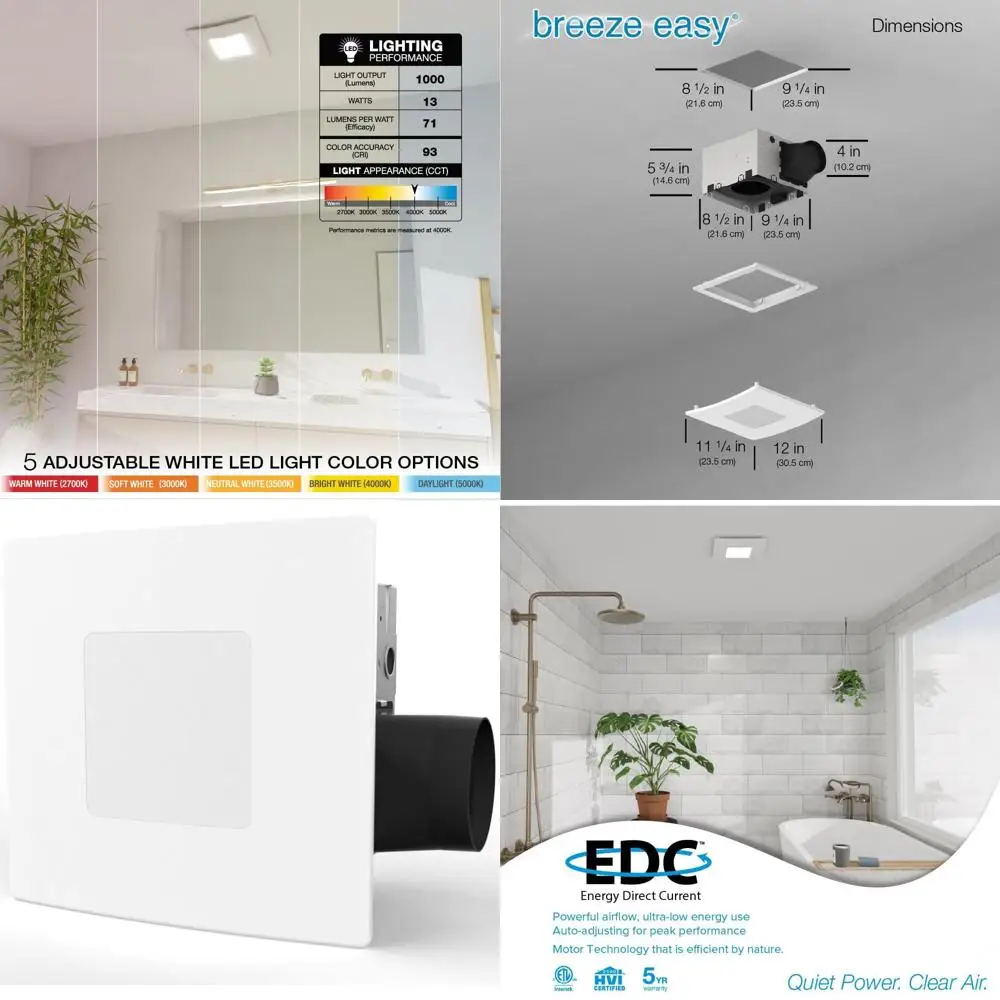 

5-CCT Dimmable LED Bathroom Exhaust Fan, 110 CM, Quiet 1.2 Sones, No-Screw Installation, Energy Star Certified