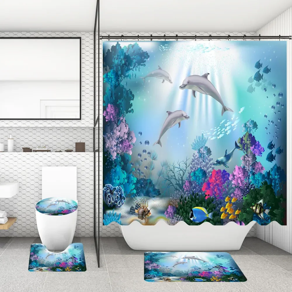 4 Pcs Dolphin Ocean Shower Curtain Set Waterproof Fabric Bath Curtain 3D Underwater World Bath Mat Toilet Lid Cover Decor