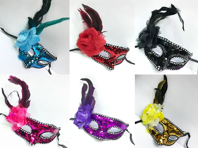 Side feather sequins embroidered christmas party mask mixed color 12 pcs