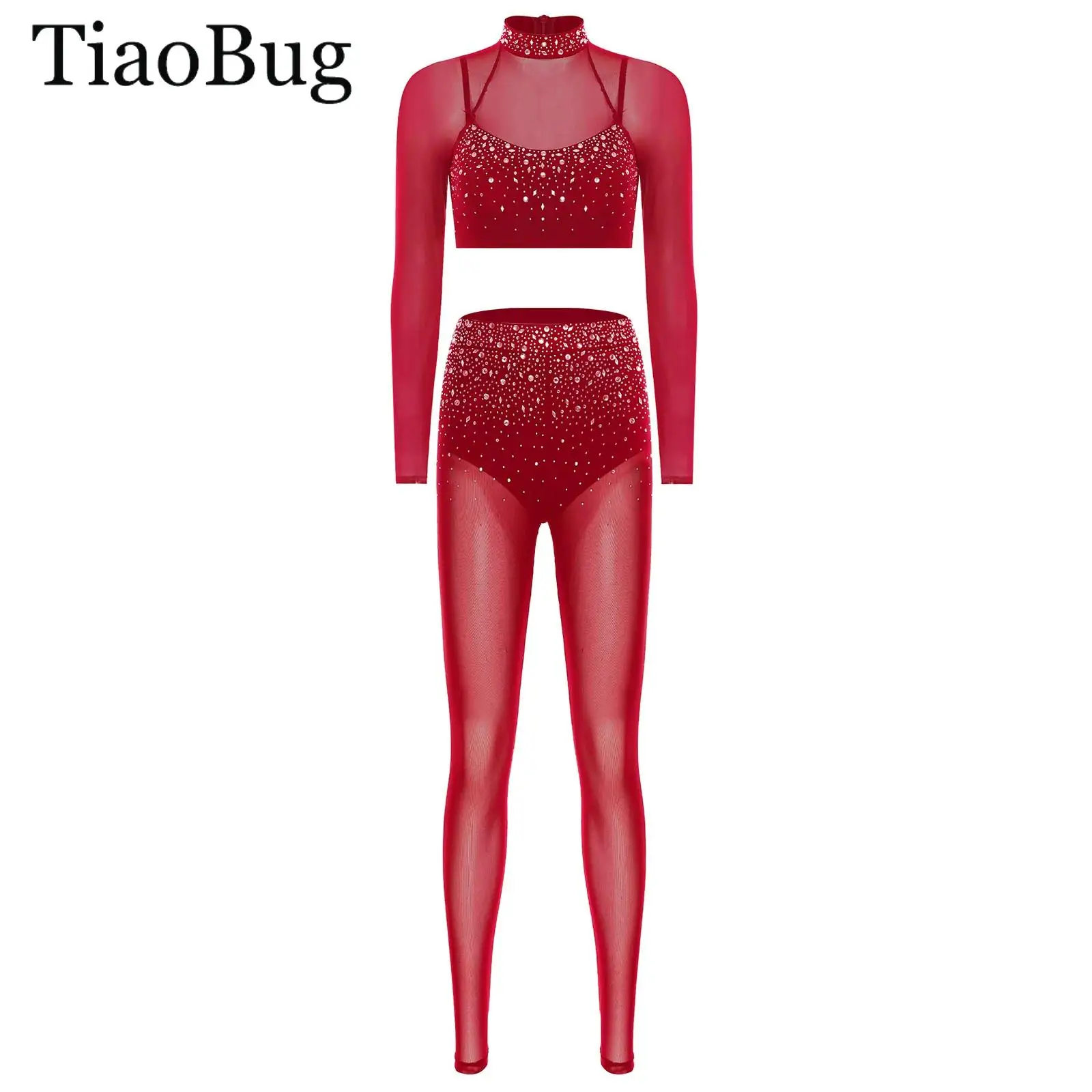 

Women Lyrical Ballet Dance Outfits Long Sleeve Rhinestone Crop Top +Leggings Tights Sheer Mesh Latin Gymnastics Workout Costumes