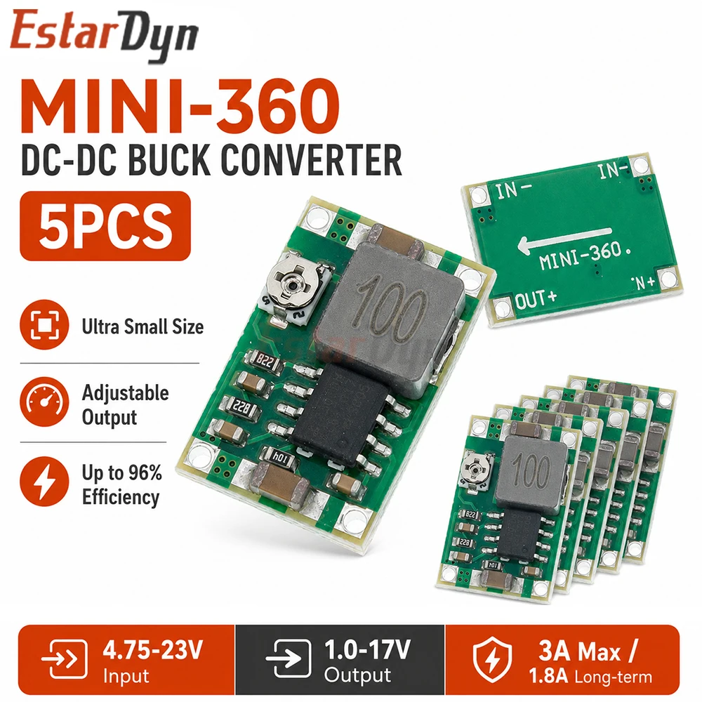 Estardyn 5pcs Mini360 Ultra Small DC-DC Buck Step Down Converter 4.75-23V to 1-17V 340KHz Module for DIY
