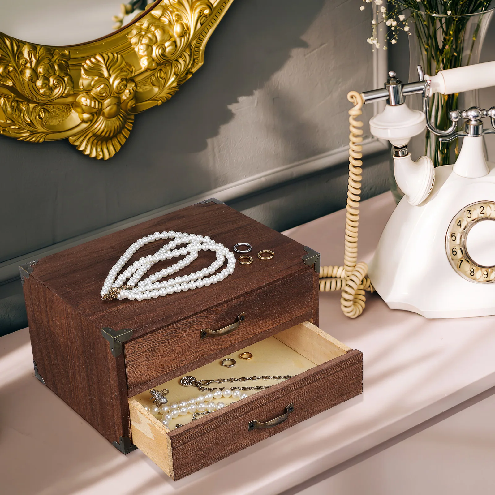 

Two-Drawer Vintage Wooden Desktop Organizer Storage Box Desk Drawer for Office Makeup Stationery Sundries Tabletop Cosmetics Box