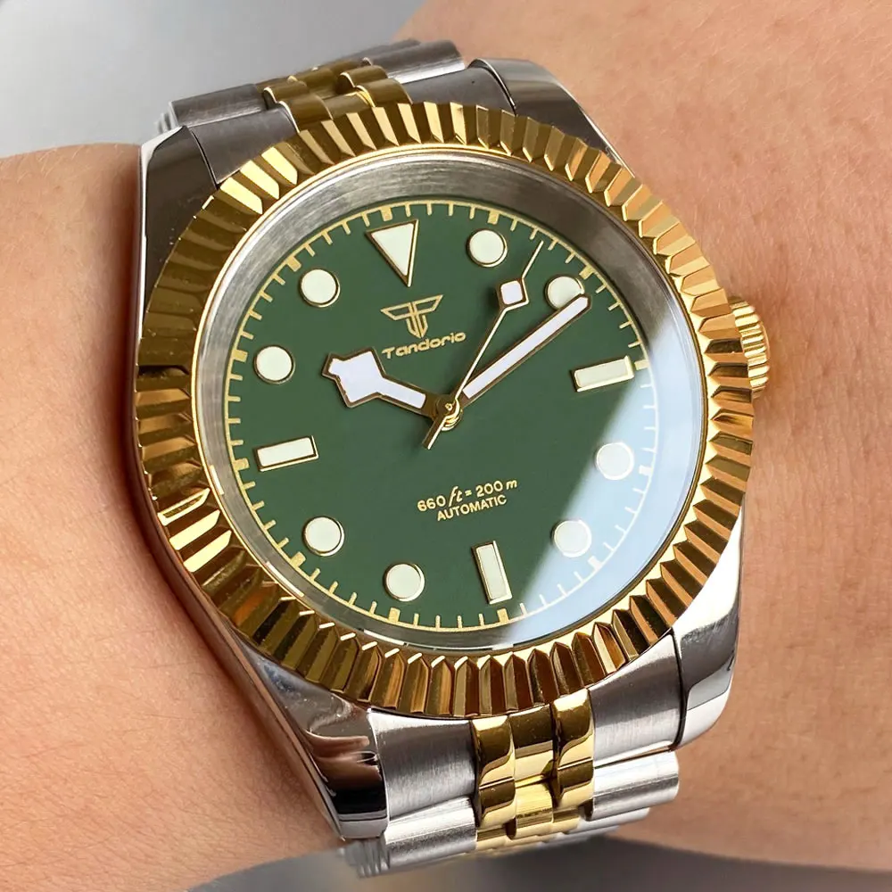 

Новые двухцветные 36 мм/39 мм Tandorio сапфировое стекло 200 метров водонепроницаемые зеленые циферблаты Jubilee NH35A автоматические мужские часы для дайвинга