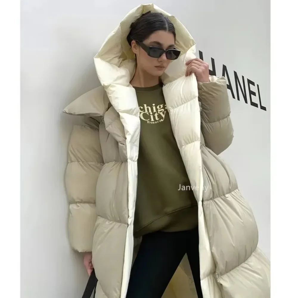 Fluffy White Duck Down Jacket Women Winter Thickness Warm Long Puffer Coat Hooded Female Fashion Fake Two-piece Parkas