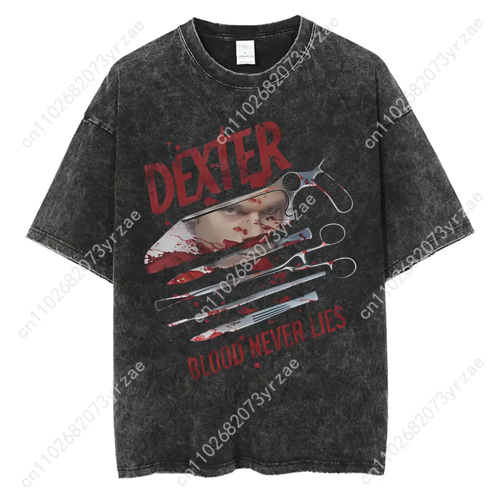 ديكستر مورغان ريترو غسل التي شيرت رجل امرأة عالية الجودة خمر تي شيرت القطن قصير الأكمام موضة تي شيرت لينة تنفس القمم