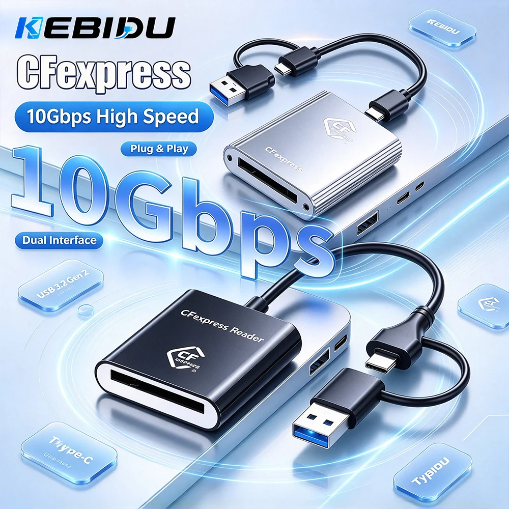 KEBIDU USB3.2 Gen2 10Gbps CFexpress Type-B Card Reader Writer 2in1 USB-A & USB-C Adapter Support Windows Android