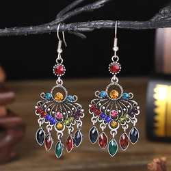 Vintage Ethnic Rhinestone Tassel Water Drop Earrings for Women Boho Hollow Geometric Dangle Earring Pendientes Mujer Brincos