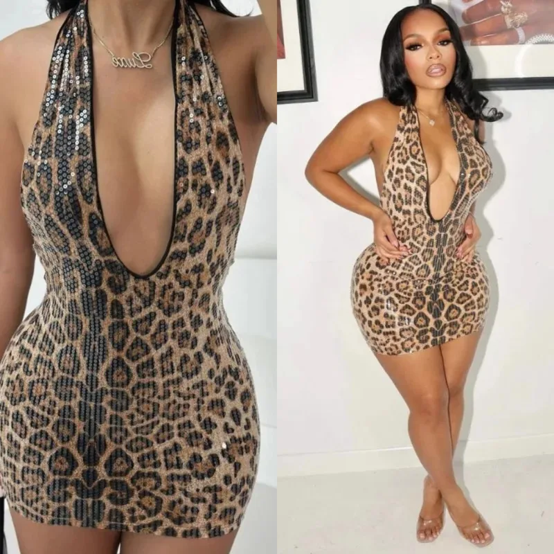 

Spring New Sleeveless Hanging Neck Short Dress Sexy Leopard Print Deep V-neck Hip Hugging Skirt Fashion Women's Banquet Dresses