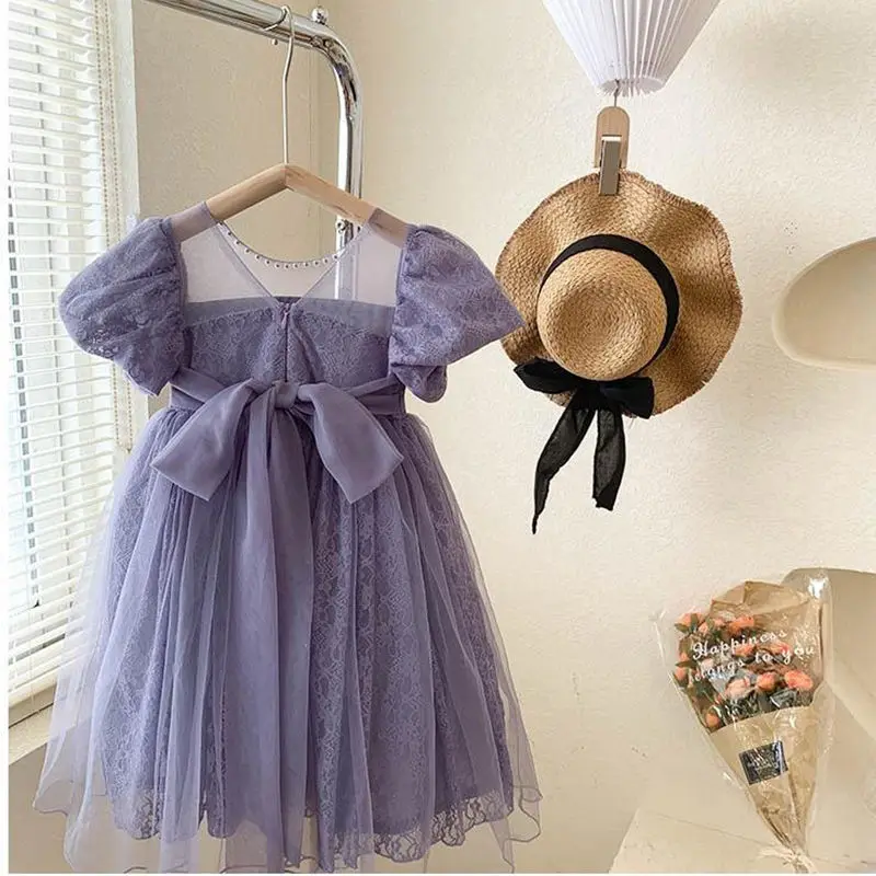

Party Dresses for Girls Summer New Short Sleeve Pearls Floral Elegant Princess Birthday Dress Korean Baby Girl Clothes Ball Gown