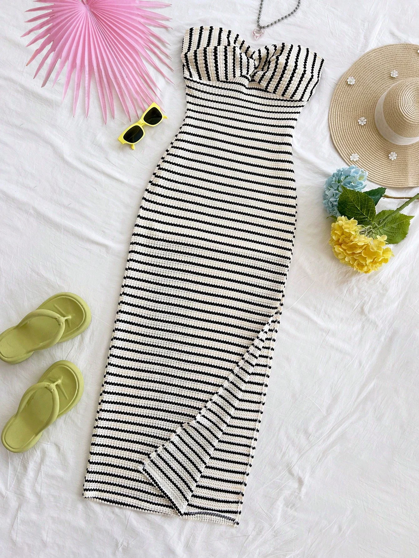 

Полосатое длинное платье без бретелек для женщин, элегантный повседневный наряд для отпуска и пляжной вечеринки