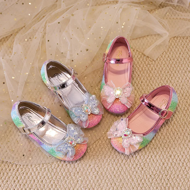 2026 Spring New Girls' Dress Princess Shoes Simple Versatile Kids Rainbow Casual Shoe Comfort Non Slip Girls Leather Shoes