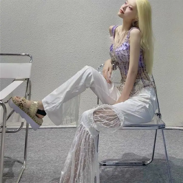 High Waisted Flared Casual Pants Women Spring Summer New Lace Hollow Out Design Wide Leg Pants