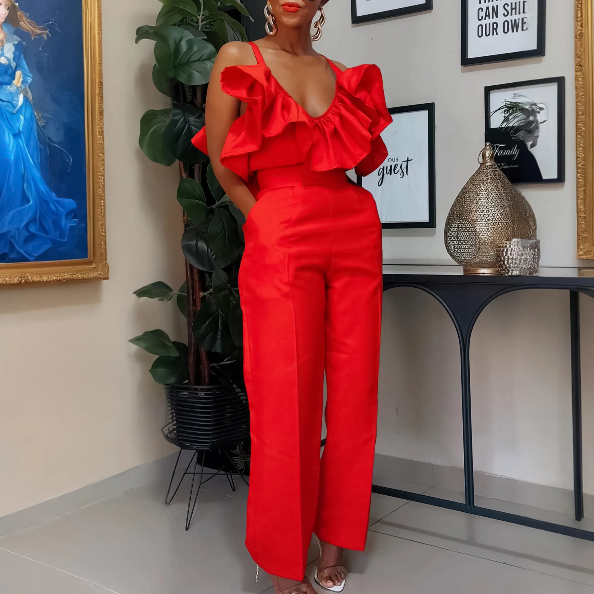 

Faionable V-Ne Blouse And rican Pants Set Women's Summer New Arrival Cross-Border Clothing with Lace Trim Long Trousers