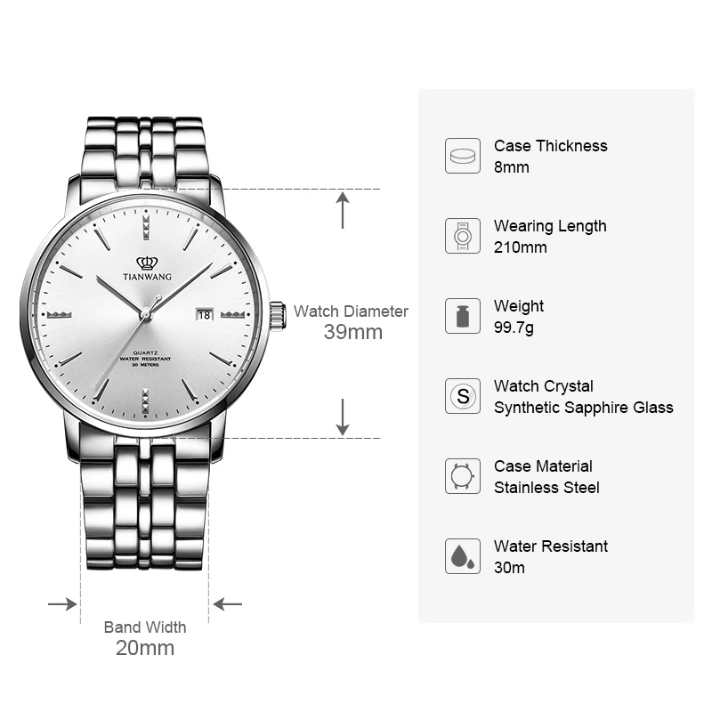 TIAN WANG Men\'s Watches For Men Business Steel Band Quartz Wristwatches Canghai Series 39mm Male Fashion Casual Calendar Clock