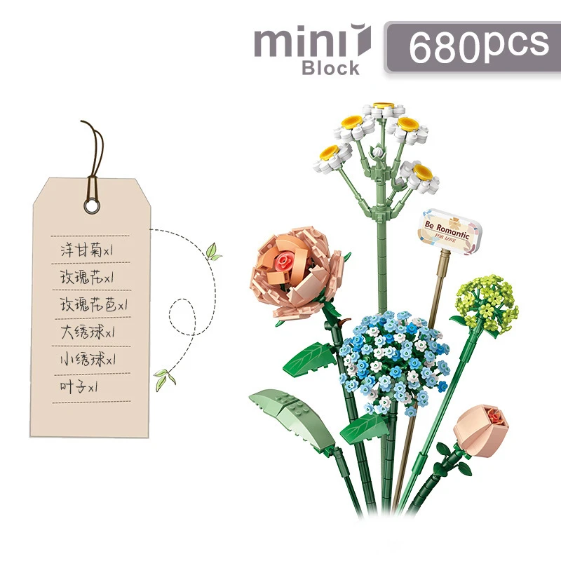 NONE Romantische Rosen, Blumen, Sonnenblumen, Narzissen, Gärten, Haus, Bausteine, klassisches Modell, Mini-Steine, Sets, Kinder-Sets 3