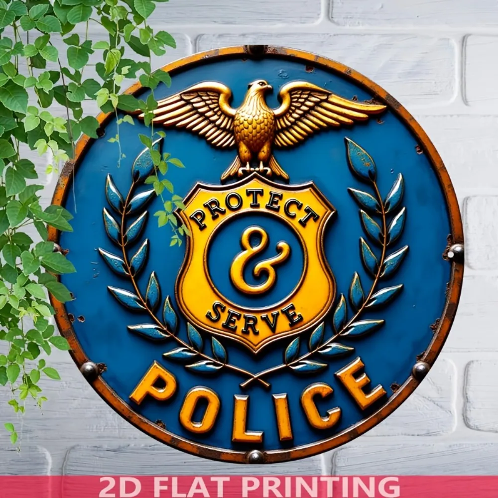 Retro Aluminum Police Badge Wall Art - 8x8 Inch Round Eagle Decor for Office & Bar, Protect and Serve
