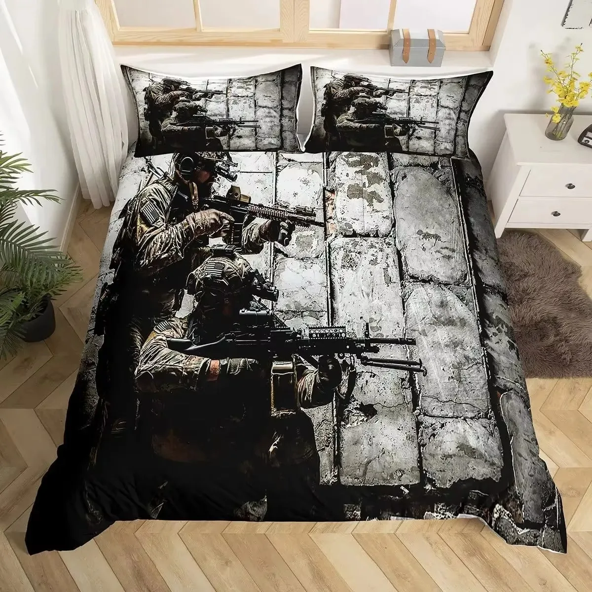 

Soldier Duvet Cover Set Army Rifle Machine Gun Bedding Set For Boys Under Mission Army Bedclothes Military Polyester Quilt Cover