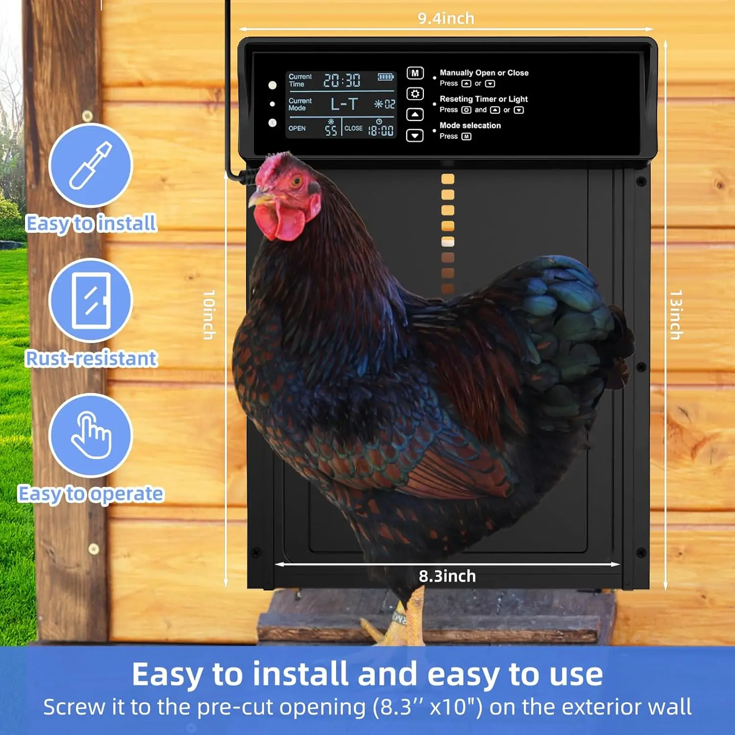 Solar powered automatic chicken cage door, capable of solar or USB charging, with timer and light sensing function