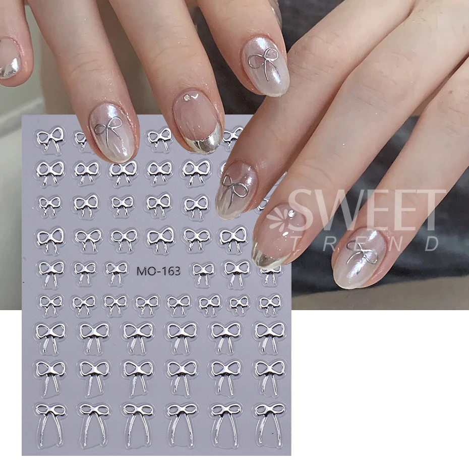 สติกเกอร์ติดเล็บลายโบว์เรียบง่าย 3 ชิ้น สีดำ ขาว เงิน ริบบิ้นผูกโบว์ กาวในตัว น่ารัก ตกแต่งเล็บวันวาเลนไทน์