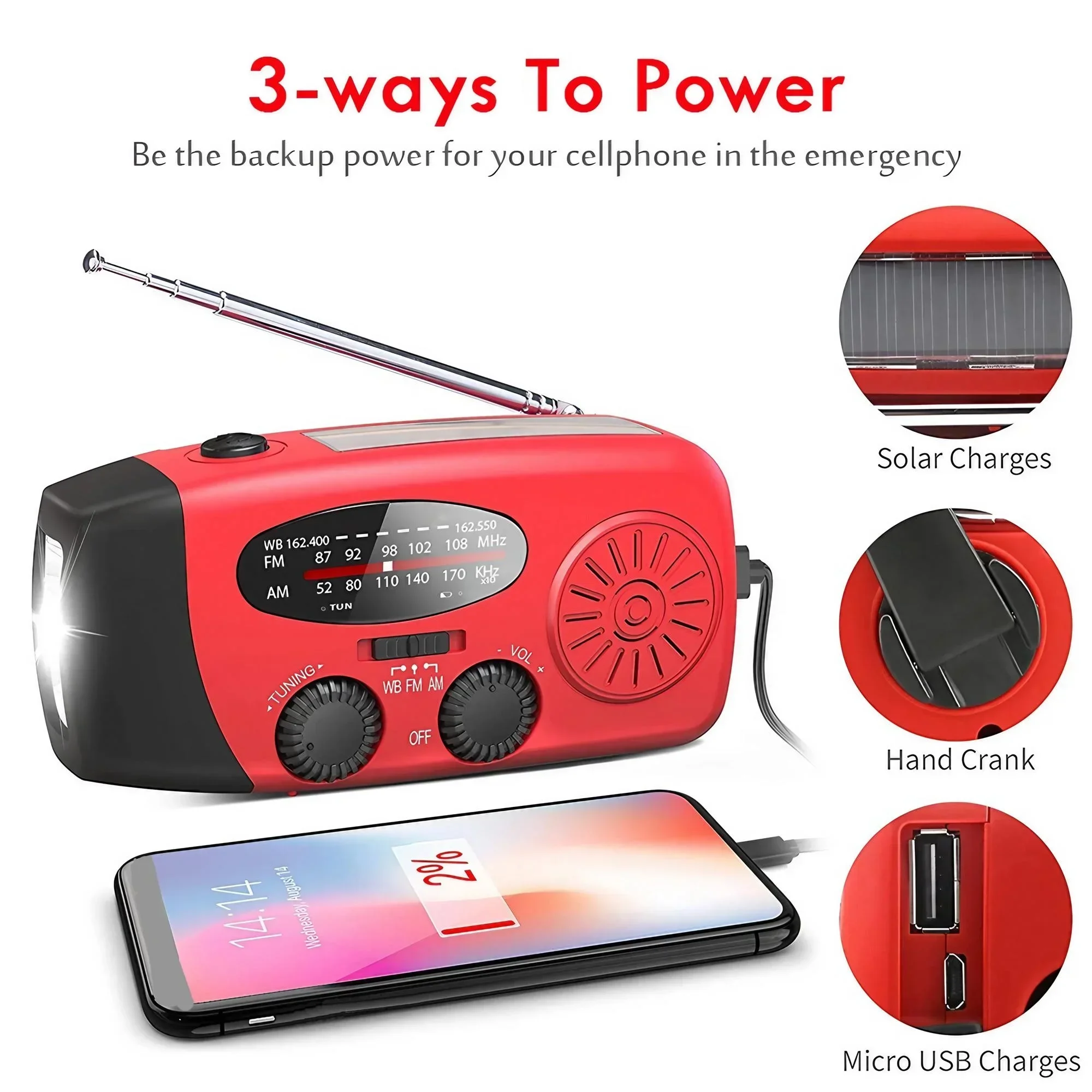 Multifunctional Portable Radio Hand Crank Solar Power FM AM WB NOAA Weather Radio Emergency LED Flashlight Flashlight Power Bank