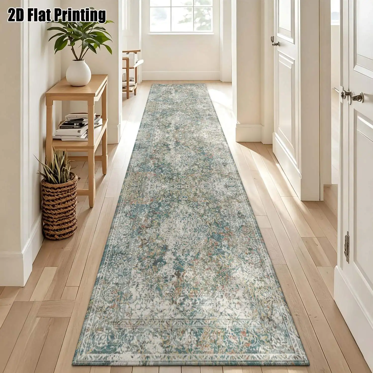 1Pc 2D Printed Long Strip Runner Rug: Blue-Gray Retro Floral, Geometric Line, Bohemian Style Machine Washable, Multi-Size, Ideal for Entryway, Hallway, Bedroom, Living Room Home Decor.