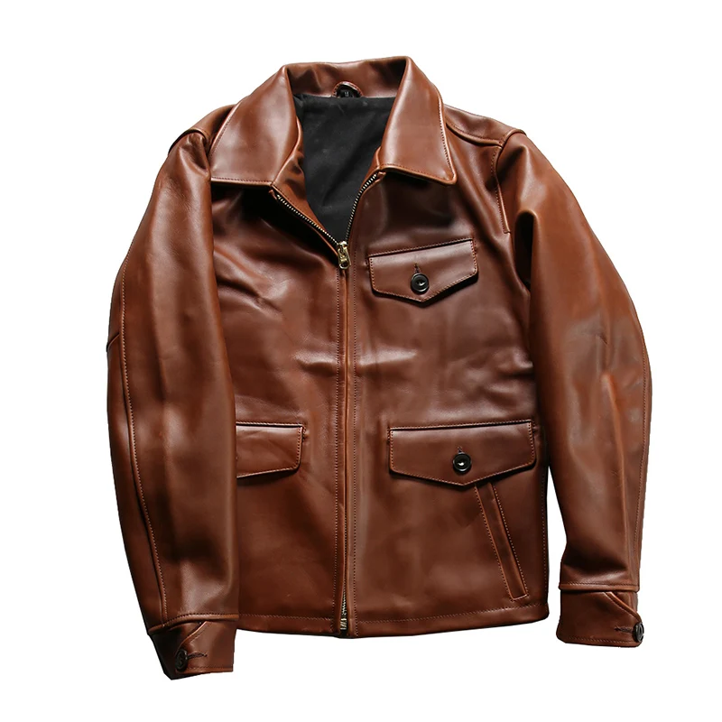 

Motorcycle Multi-pocket Brown Bright Genuine Leather Cowhide Jacket Men's Real Leather Clothings