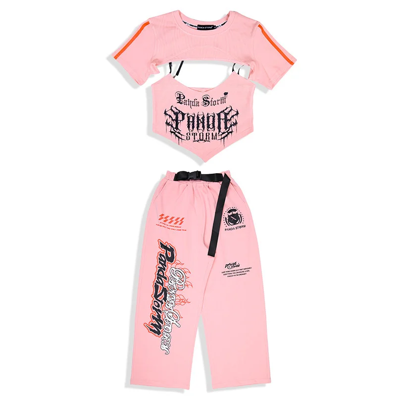 Mädchen Jazz Dance Kostüm Rosa Crop Tops Hosen Kleidung Gruppe Hip Hop Streetwear Bühne Leistung Outfits Kpop Modern Dance Wear
