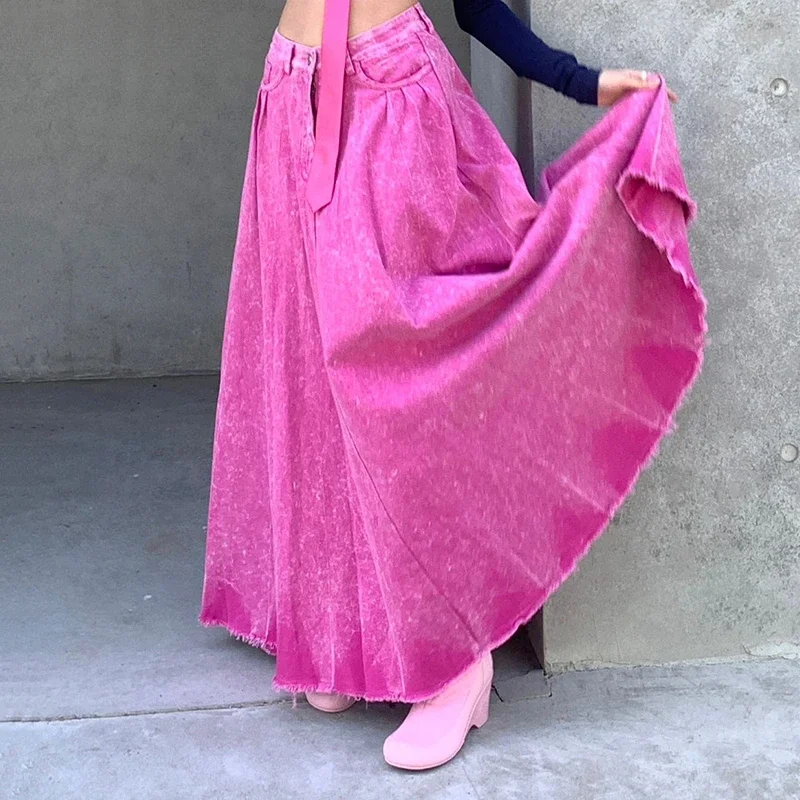 

Y2k Women Pleated Denim Maxi Skirt Pink Tie Dye High Waist Tall Girl Floor Long Jeans Skirt Korean Dongdaemun Clothing