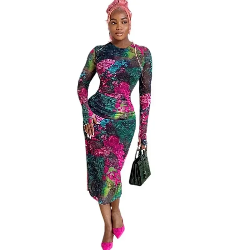 Letnie sukienki plażowe, narzutki na strój kąpielowy, odzież plażowa damska 2025, eleganckie, drukowane, jednoczęściowe z siateczką, okrągły dekolt, rękaw.