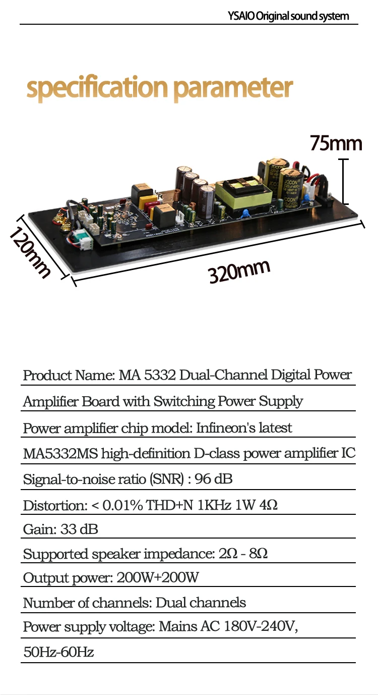 Ysaio Ma5332Ms Pure Power Amplifier Hochleistungs-Digitalverstärkerplatine Hifi Audiophile-Qualität Zweikanalmodul 2X200W – Detail 11
