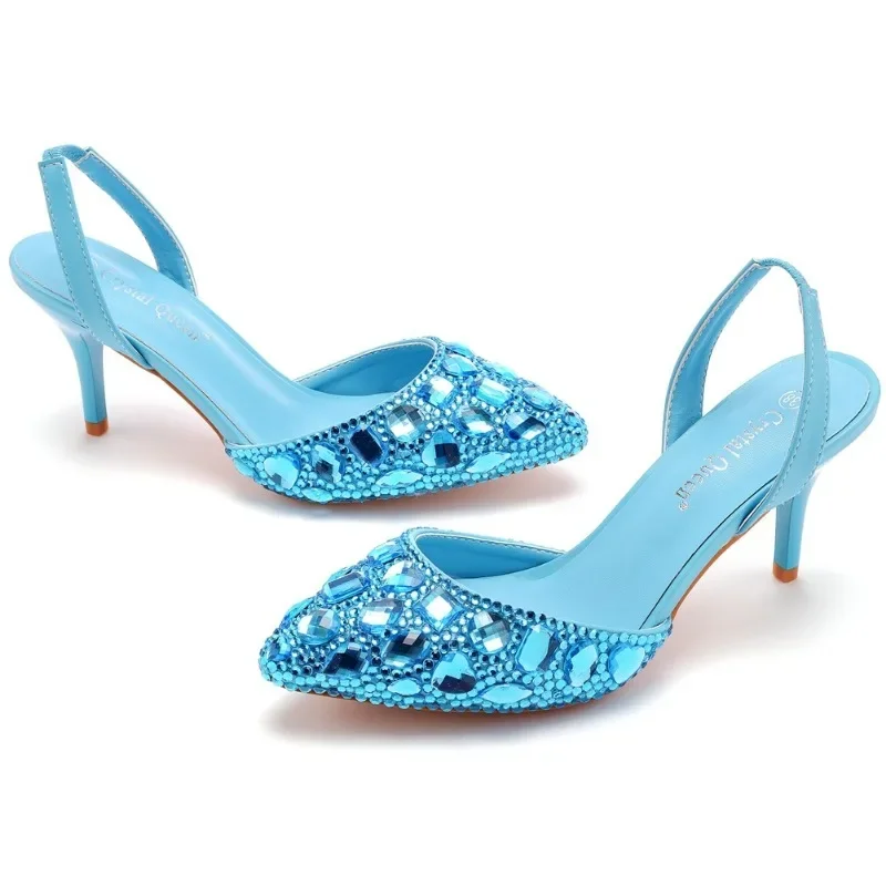 Women Sandals Height Increasing Rhinestone PU 7CM Thin Heels Slip On Bride Wedding Banquet Wedding Women\'s Shoes Dark Blue