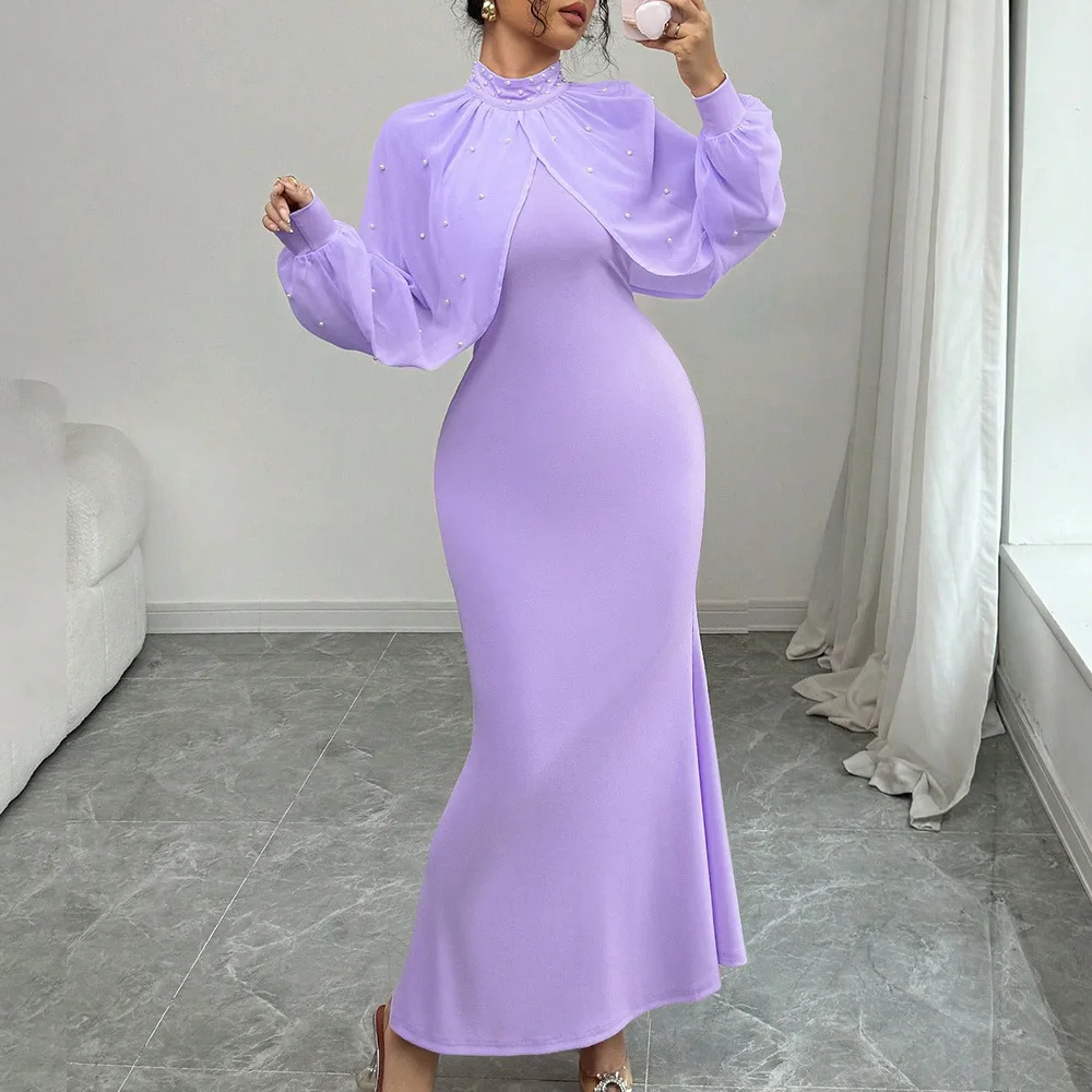 

2026 Spring New French Elegant and Fashionable Style with Nail Bead Decoration Standing Collar Bat Sleeves Embracing Hip Dress