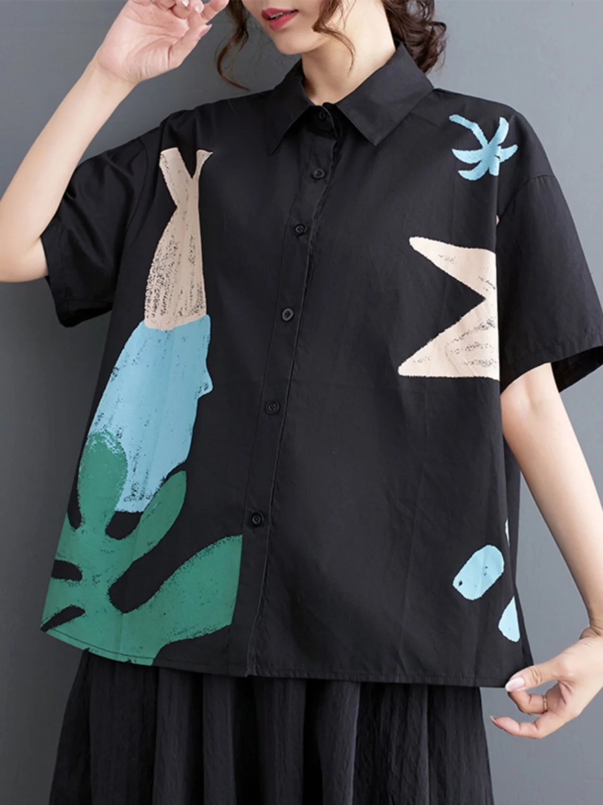 Loose ort Sve Women's Casual irt Summer Commute Sweet Sle Korean Version plus Size Patchwork Print  Collar
