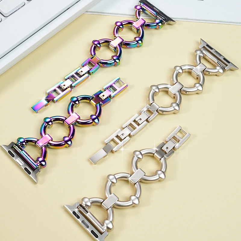 Para apple iwatch s10 cristal com diamante metal pulseira de relógio s9/s8/7/8/9/10th geração verão moda feminina pulseira inoxidável