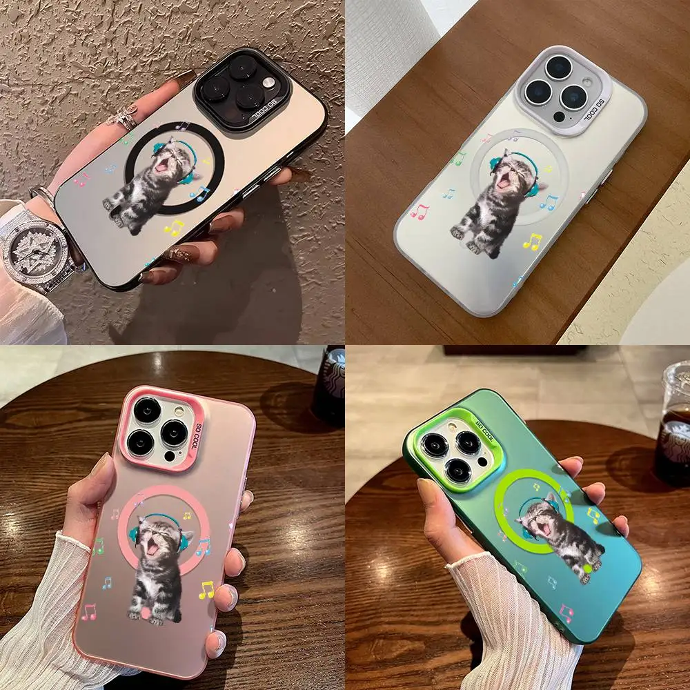 1pc Cute Headphones Cat Phone Case For 17 16 15 14 13 12 11 Pro Max Air Plus For Magnetic Wireless Charging Shockproof Cover