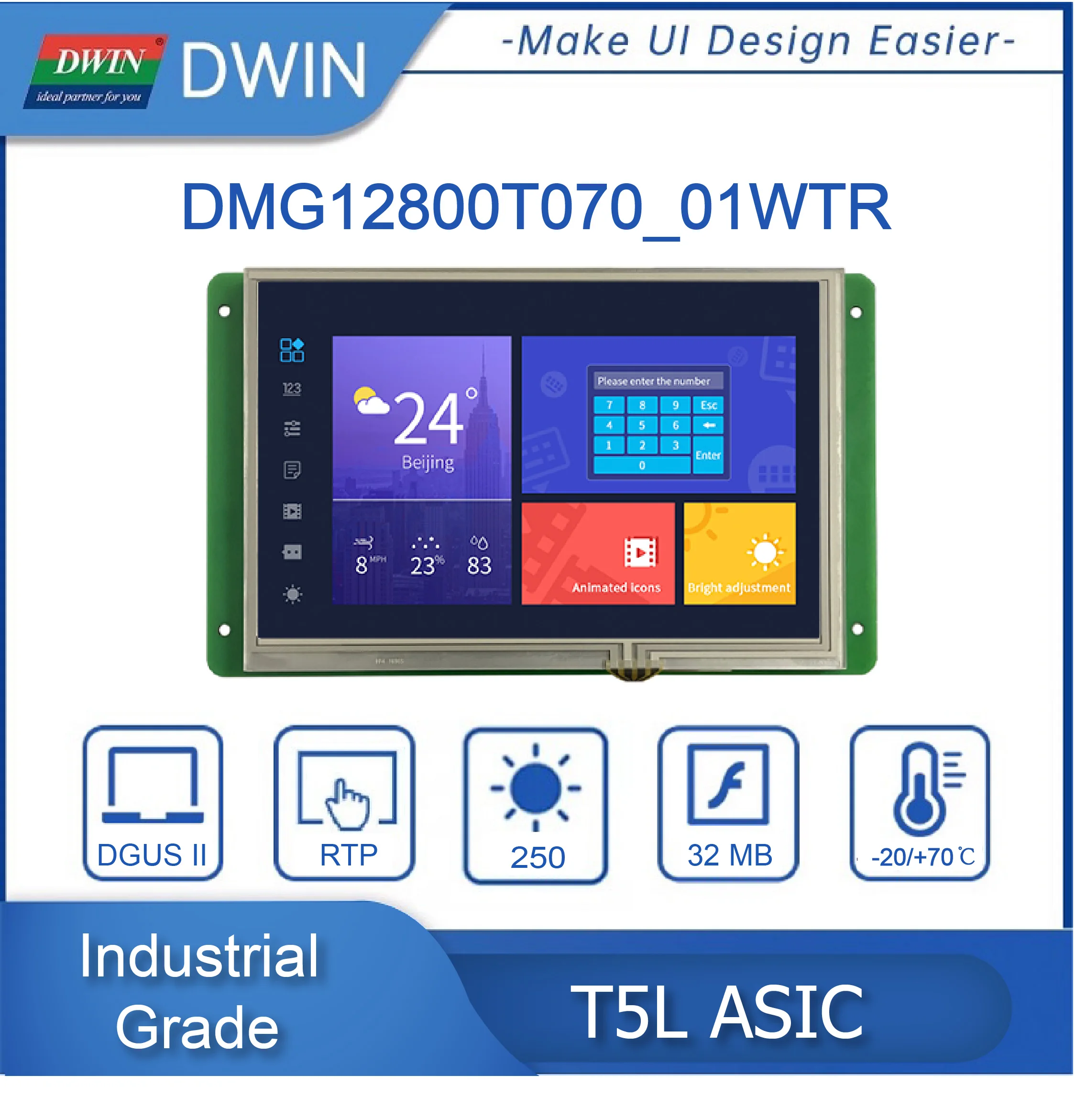 DWIN 7 Inci 1280*800 Tampilan HMI Tingkat Industri Arduino PLC Layar Sentuh IPS-TFT-LCD TTL/CMOS RS232 Mode Copic