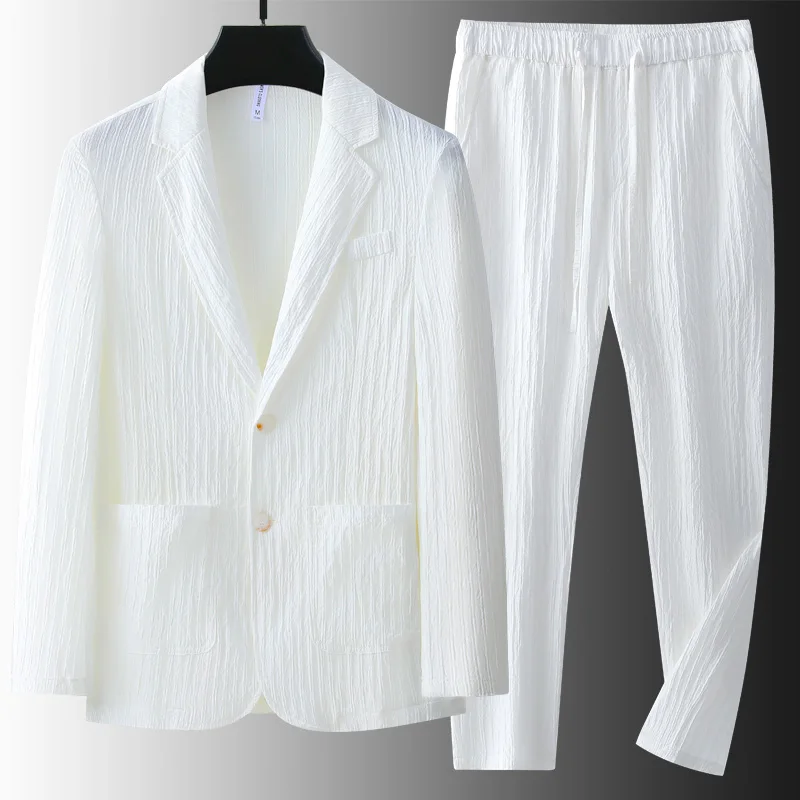 

Men Suit Jacket and Pants White Summer Sunscreen Handsome Trendy Loose Casual Men Blazer Suits Spring Autumn Korean Man Blazer