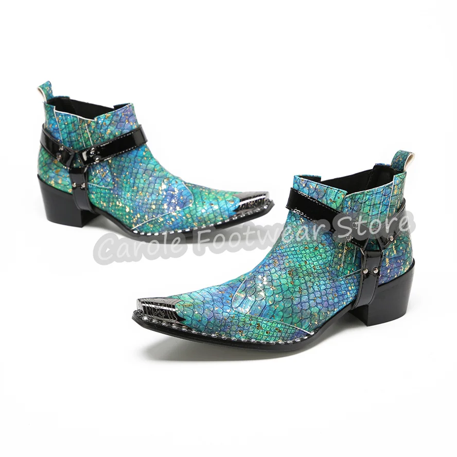 British Style Metal Square Toe Chunky Heel Boots Male Snake Emboss Leather High Top Chelsea Boots Punk Rivet Belt Buckle Boots