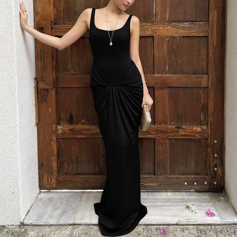 

Ticketsx Sexy Spaghetti Strap Backless Long Dress Women Fashion Pleated Slim Sleeveless Dress Female High Waist Party Dress