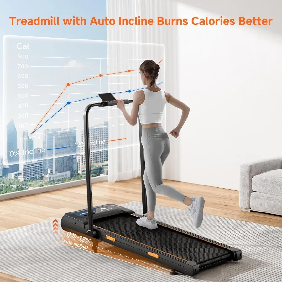 وسادة مشي محمولة تحت المكتب مع ميزة مائلة تلقائية وجهاز تحكم عن بعد للاستخدام المنزلي والمكتب، جهاز مشي قابل للطي بقوة 3 حصان مع مصباح LED