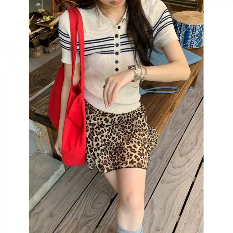QICHE Women Summer Retro Leopard Print Coffee A‑Line Mini Skirt Elastic High Waist Loose Draped Casual Outfit